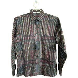Visconti Tribal Stripe Shirt L‎ Mixed Pattern Black Bold Statement Artsy Bold